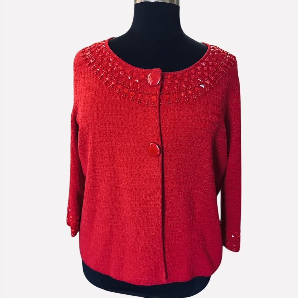 Ruby Rd Plus Size Beaded Red Cardigan Jacket with Snap Closure Size 2X